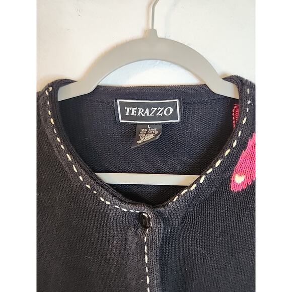 Vintage 1990s Terazzo Pink Cat Cardigan Sweater Art Deco Cars Modern Large - Picture 4 of 7